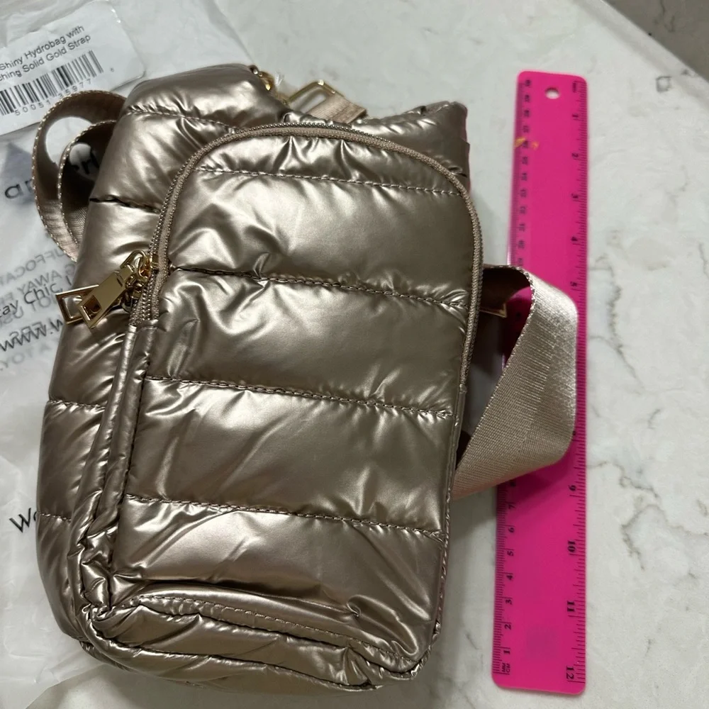 WonderFull Quilted Metallic Taupe Crossbody Bag with Wide Strap, NWT - Picture 5 of 9